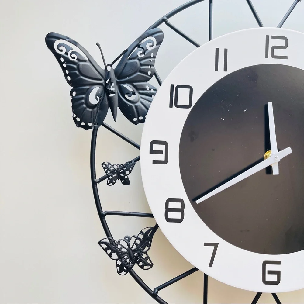 Black And White Metal Wall Clock With Butterfly Design Home Decor 13.5” Diameter